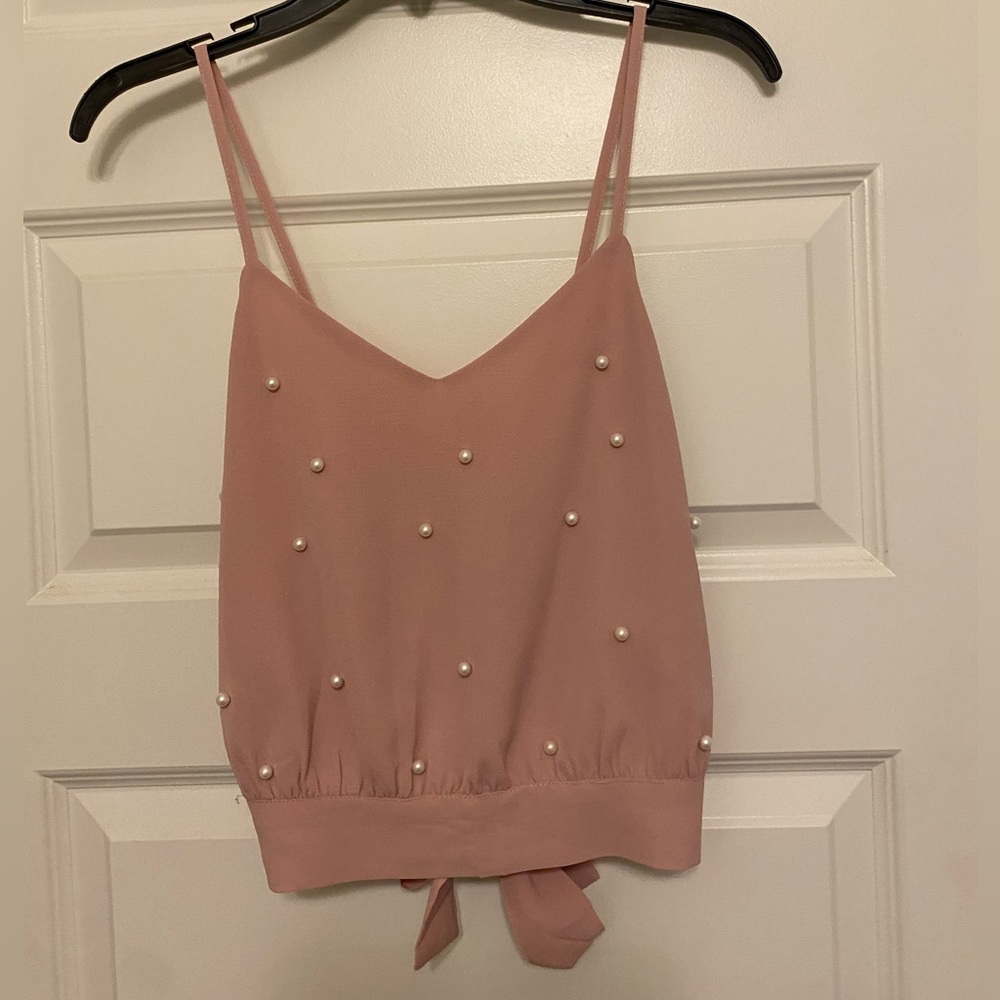 dusty pink crop top with pearl detailing & tie back